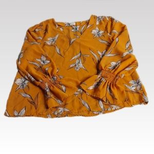 A New Day Sheer Blouse XL Gold Floral Gathered Long Peasant Sleeve Boho Top